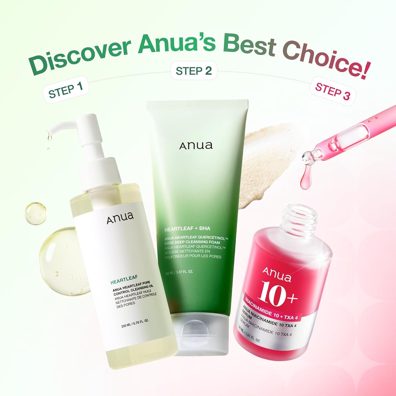 Anua 3-Step Glass Skin Beginner Set, Double Cleansing with Facial Serum, Oil Cleanser & Face Wash with Heartleaf, Daily Routine with Niacinamide, Korean Skincare Set - Image 2