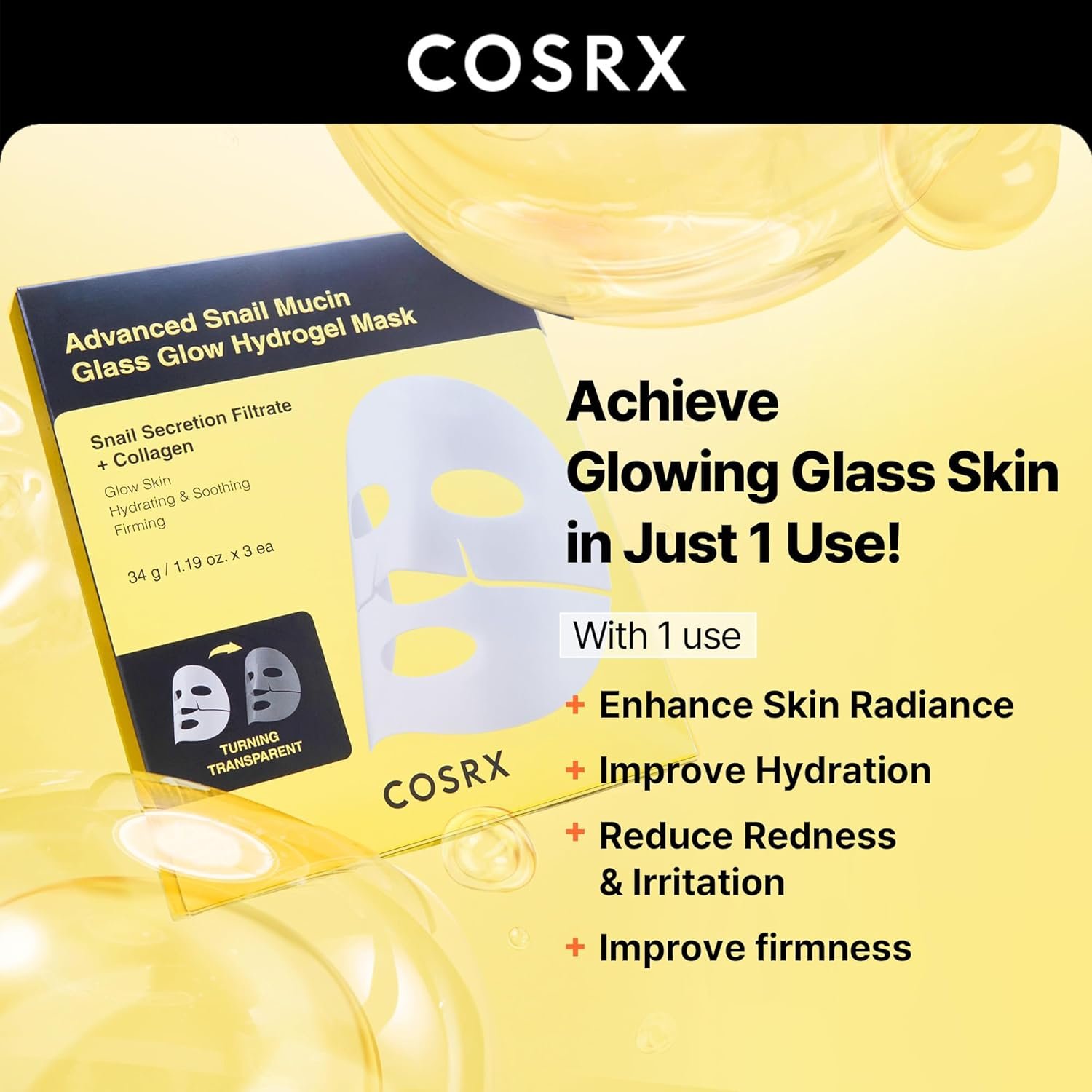 COSRX Snail 96 Essence + Hydrogel Mask 3EA- Advanced Snail 96 Mucin Serum and Glass Glow Hydrogel Collagen Face Masks, Travel Essentials, Stocking Stuffers, Korean Skin Care - Image 4